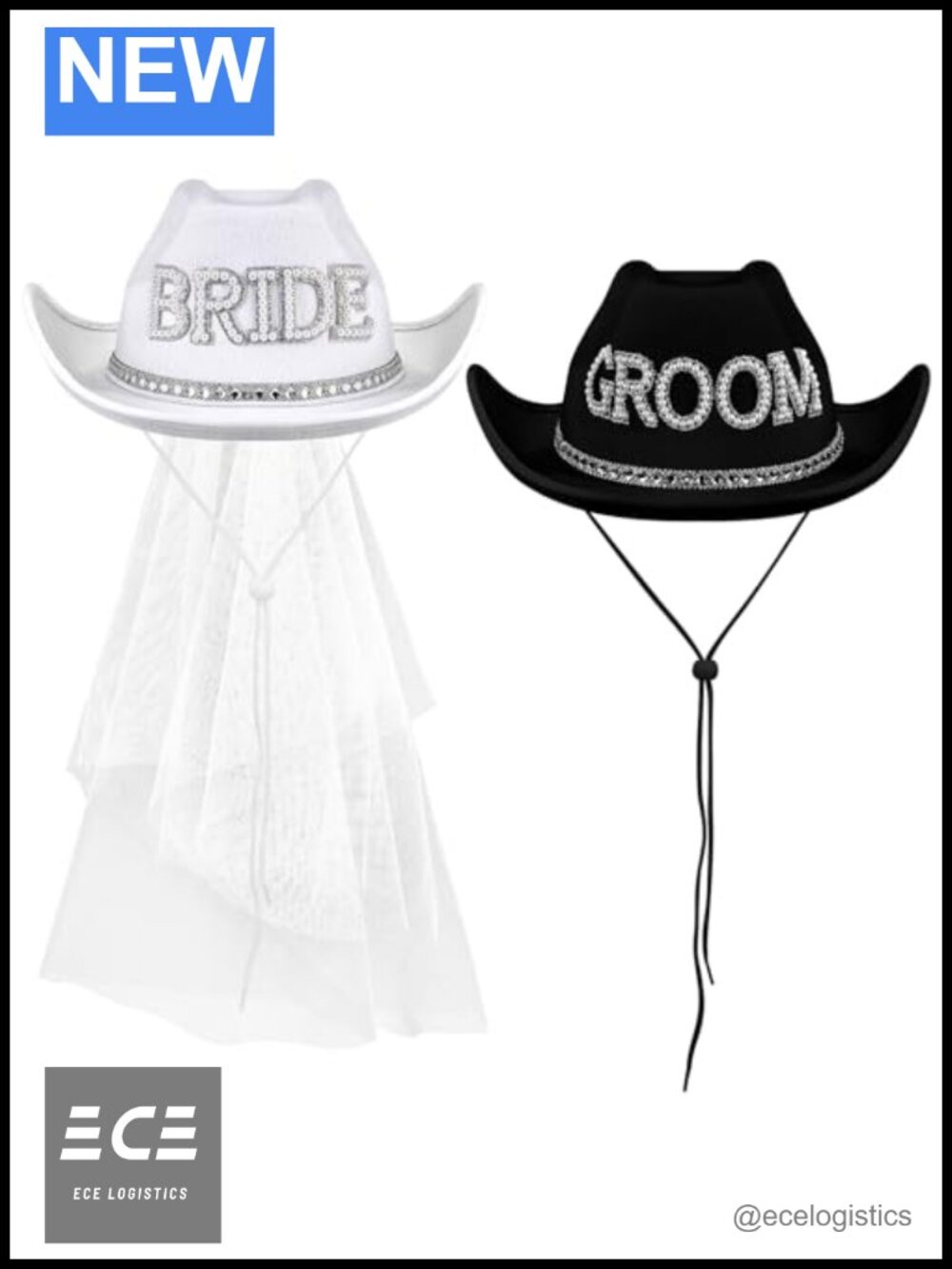 Bride and Groom Cowboy Hats with Veil Nonwovens Wedding Western Accessory